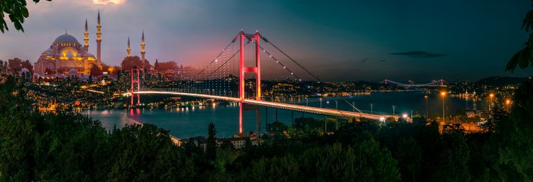 Istanbul Bosphorus panoramic photo. Istanbul landscape beautiful sunset with clouds Suleymaniye Mosque double exposure, Bosphorus Bridge,  Istanbul Turkey.Best touristic destination of Istanbul